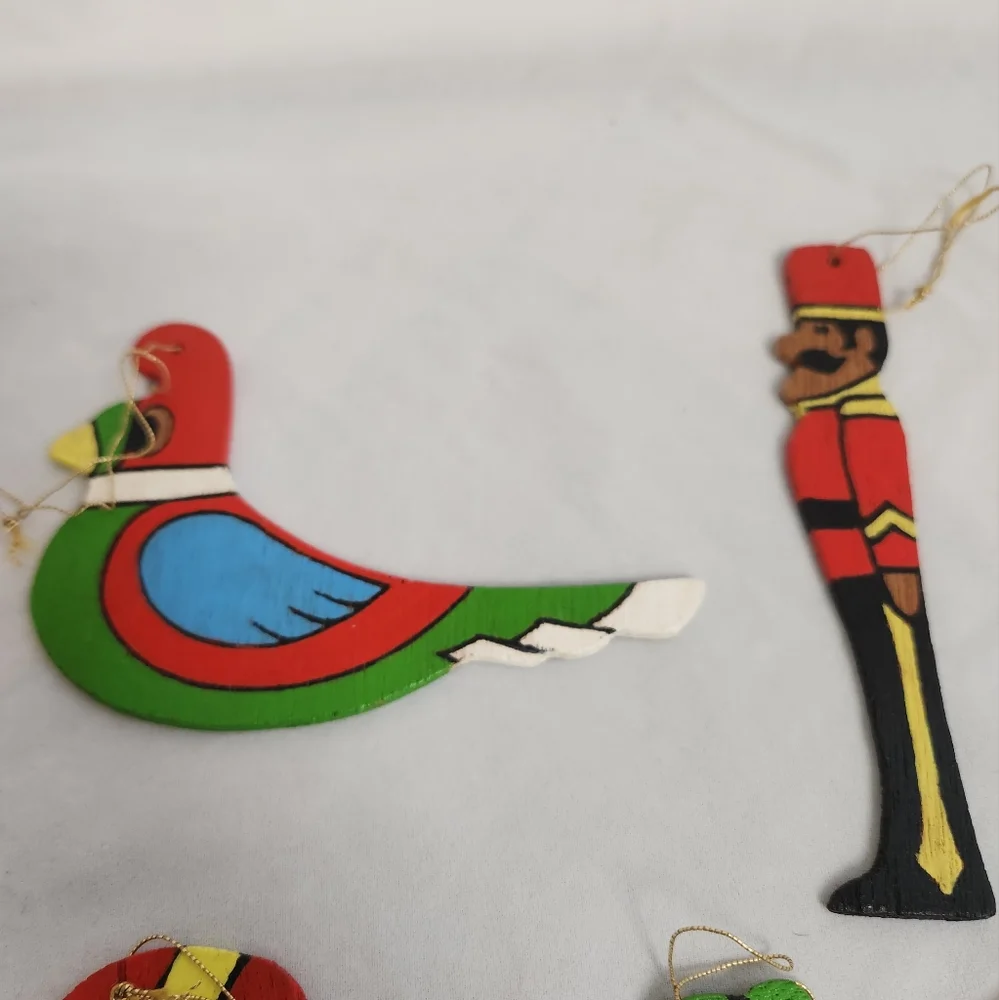 12 Flat Wooden Christmas Ornaments Vtg Snowman Bird Soldier Sled